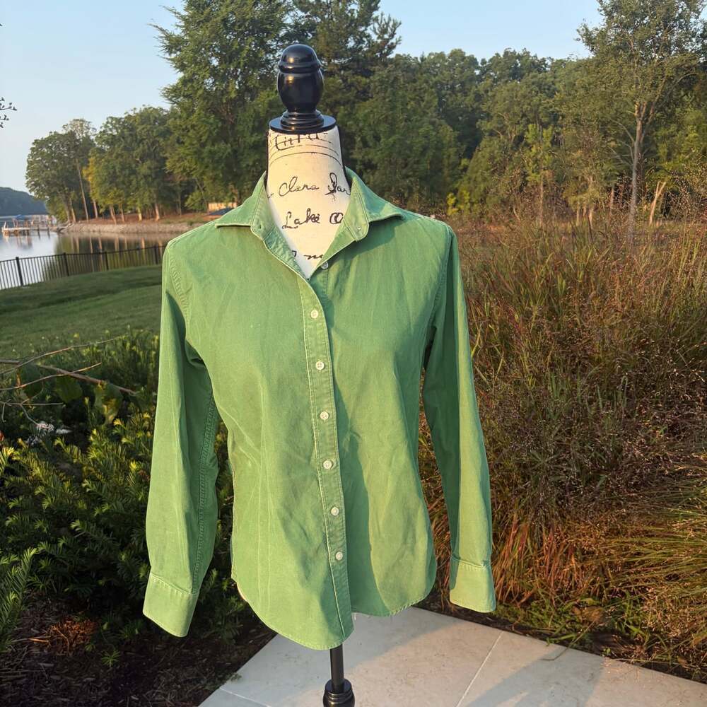 Vintage Y2K Lands End Green Corduroy Button Down Shirt S 6-8 Cotton